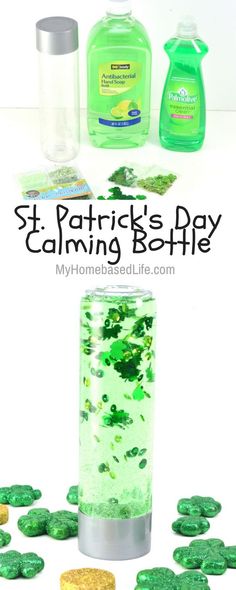 st patrick's day calming bath with shamrocks and green liquid on the side