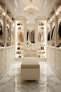 an elegant walk in closet with chandelier and white furniture, marble flooring