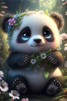 a panda bear sitting on the ground surrounded by flowers