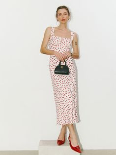 In case of weekends. Shop the Tancy Dress from Reformation, a midi length dress with thick straps and bust cup detailing. Chic Sleeveless Midi Dress With Removable Straps, Thick Strap Dress, Dress With Thick Straps, Silky Dress, Darling Dress, Rayon Dress, Vintage Style Dresses, Professional Outfits, Midi Length Dress