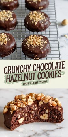 chocolate hazelnut cookies on a cooling rack with the words crunchy chocolate hazelnut cookies