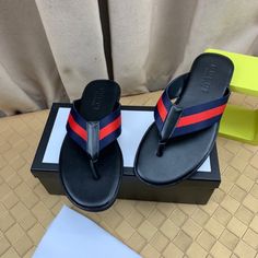 No Stains Or Damage Designer Black Sandals With Red Sole, Gucci Black Leather Sandals, Black Gucci Leather Sandals, Gucci Leather Sandals With Red Sole, Gucci Black Luxury Sandals, Black Gucci Luxury Sandals, Women's Flip Flops, Shoes Gucci, Gucci Black