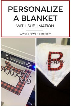 a collage of photos with the words personalize a blanket and an embroidered bandana