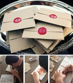 the process of making envelopes with wax paper and glue is shown in four different pictures