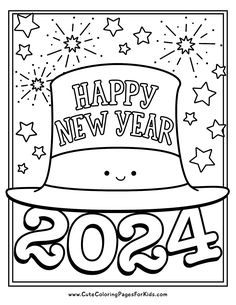 a happy new year coloring page with a top hat and stars on the side, in black and white