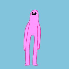 a pink cartoon character standing in front of a blue background