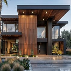 The exterior integrates extensive glass, sleek metal, and natural wood, creating an elegant facade Luxury Villa Design Exterior, Modern Glass House Exterior, Sleek Modern House, Architecture Materials, Sims4 Builds, Eco House Design, Wood Facade, Metal Facade, Chalet Design