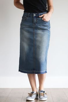 'Jeanskirt and tennis shoes ' Yup, it's a Pentecostal thing!!! Jacki' Vintage Wash Below the Knee Length Jean Skirt Knee Length Jean Skirt, Demin Skirt Outfit, Knee Length Jean Skirts, Jean Skirt Outfits, Pentecostal Fashion, Below The Knee Dresses, Knee Length Skirts, Denim Skirt Outfits, Winter Skirt Outfit