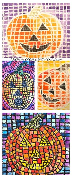 four pumpkins painted in different colors and patterns