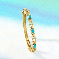 Ross-Simons - Turquoise Mariner-Link Bangle Bracelet, Diamond Accents Over Sterling. 8". Spark your stack with some girly glamour! Our bangle bracelet features diamond-accented mariner links shimmering between vibrant 6x4mm oval stabilized turquoise stations. Crafted in polished 18kt yellow gold over sterling silver, it offers a gorgeous glow bright enough to uplift your whole look. Hinged with a double-latch safety. Box clasp, turquoise mariner-link bangle bracelet. Teal Bracelet, Safety Box, Bracelet Diamond, Fine Jewelery, Box Clasp, Bangle Bracelet, Bangle Bracelets, Bangles, Yellow Gold