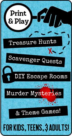 Printable Treasure Hunts, Scavenger Quests, DIY Escape Rooms, Murder Mystery Games for kids, teens, & adults. Library Treasure Hunt, Escape Room Clues Ideas, Treasure Hunt Clues For Teens, Printable Escape Room Kit Free, Riddle Scavenger Hunt Ideas, Treasure Hunt Clues For Adults, Escape Room Ideas For Teens, Scavenger Hunt Puzzles, Escape Room Riddles