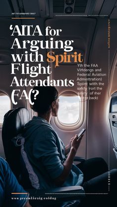 a man sitting in an airplane looking at his cell phone with the words ata for arguing with spirit flight attendants eac?