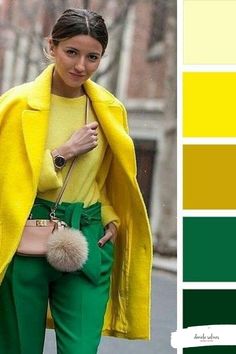 Green And Yellow Outfits For Women, Color Block Fashion, Yellow Coat, Cool Winter