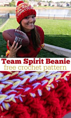 a woman holding a football while wearing a red and white crochet beanie