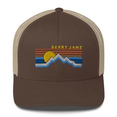 Women's Trucker Hat. Six-panel trucker cap with a mesh back will be a comfy and classic choice for any hiking trip, outdoor adventure or beach day. Block the sun in the Berry Jane mountain motif embroidered trucker hat. Featuring a colorful embroidered design, this women's classic cap delivers a trucker style with foam-backed front panels and mesh back to keep it breathable. Snapback closure lets you quickly create a perfect fit. Features: Foam-backed cotton poly front panel with mesh backing. C Curved Brim Trucker Hat For Travel, Trucker Hat With Curved Brim For Travel, Trucker Style Hat With Curved Brim For Travel, Trucker Baseball Cap For Outdoor Activities, Retro Curved Brim Trucker Hat For Outdoor Activities, Retro Trucker Hat With Curved Brim For Outdoor Activities, Retro Trucker Hat With Curved Bill For Outdoor, Snapback Trucker Hat For Travel, Trucker Snapback Hat For Travel