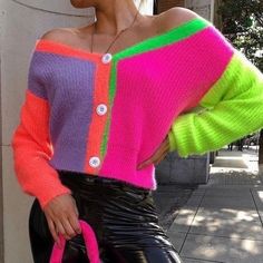 Teenage Fashion Trending, Gilet Crochet, Winter Boho, Color Block Cardigan, Neon Color, Cardigan Tops