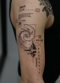 a woman with a tattoo on her arm has a piece of art in the shape of a spiral