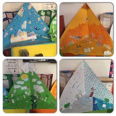 four different pictures of children's crafts on the wall, including paper trees and kites