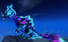 a blue and purple dragon standing on top of a rock in front of a dark sky