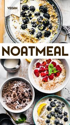 two bowls of oatmeal with berries, lemons and blueberries in them