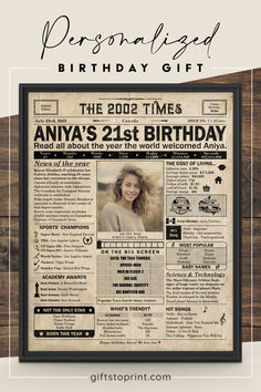 an old newspaper birthday gift for someone's 21st birthday with the words personalized on it