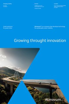 an advertisement for the growing through innovation program, with images of roads and mountains in blue