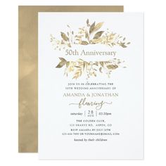 an elegant 50th anniversary party card with gold foil and leaves on the front, in white paper