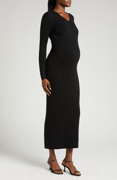 Slip into this cozy sweater-dress for the warm long sleeves and back-access nursing zipper for discreet style. 52" length Back zip closure V-neck Long sleeves Unlined 74% cotton, 26% nylon Hand wash, dry flat Imported Fitted Winter Maternity Dress, Fitted Long-sleeve Maternity Dress For Fall, Fitted Long Sleeve Maternity Dress For Fall, Long Sleeve Maternity Dress For Fall, Casual Long Sleeve Maternity Dress For Fall, Fall Maternity Long Sleeve Dresses, Fitted Maternity Dress For Fall, Long Sleeve Maternity Wear Winter Dress, Fall Maternity Dress With Long Sleeves