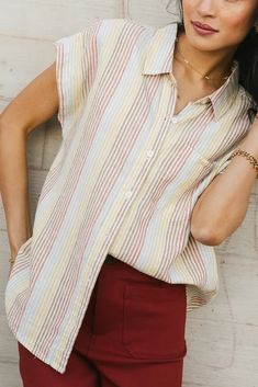 Button up in multi color Long Walk, Long Walks, Ribbed Bodysuit, Woven Top, Collar Top, Beach Town, Collared Shirt, Vertical Stripes, Printed Pants