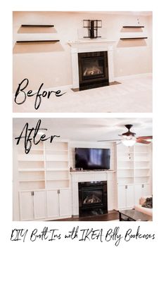 before and after photos of a living room with built - in bookcases, fireplace and tv