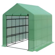 If it's green, you can house it with Outsunny: vegetables, herbs, flowers, bushes, succulents, or tropical fruit saplings. Cultivate your options in a garden hothouse that's as easy to set up as a tent. It includes a powder-coated steel frame and is covered over with protective PE that stops plant sun damage. Control humidity levels in your personal plant nursery. Place planters on the eighteen spaces of the included shelves and organize them by age or type. Save space when you grow vertical.- Steel frame greenhouse; - Waterproof, UV blocking PE cover to stop sun damage in plants; - Roll-up zipper door; - Eighteen shelf spaces to organize planters by type and age; - Assembles easily, no tools needed;- Color: Green; - Material: Steel, PE; - Overall Dimensions: 96" L x 70.75" W x 82.75" H; - Gardening Greenhouse, 4 Tier Shelf, Outdoor Greenhouse, Portable Greenhouse, Walk In Greenhouse, Hot House, Small Greenhouse, Roll Up Doors, Plastic Mesh