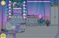 a cartoon bedroom with purple walls and furniture in the room is lit up by neon lights