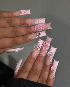 Columbia Nails, Pink Junk Nails, Pink Butterfly Nails, Butterfly And Rose, Butterfly Nails, Acrylic Toe Nails, Graduation Nails