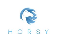 the logo for horsy is blue and has a horse's head on it