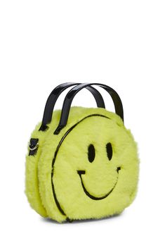 Delia's Happy Face Faux Fur Crossbody Bag - Yellow – Dolls Kill Dolls Kill Outfits, Free Skiing, Free Socks, Happy Face, Embroidered Design, Dressing Room, Y2k Fashion, Dolls Kill, Online Boutique