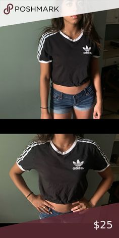 Adidas crop top Brand new Adidas Top. Cropped and cinched by me! adidas Tops Tees - Short Sleeve Black Tops With Three Stripes For Spring, Trendy Three Stripes Tops For Spring, Trendy Tops With Three Stripes For Spring, Black Stretch Adidas Tops, Trendy Adidas Stretch Tops, Adidas Trendy Stretch Tops, Trendy Stretch Adidas Tops, Casual Black Adidas Tops, Adidas Crop Top