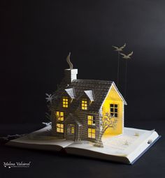 an open book with a house on it and two birds flying over the top of it