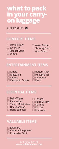 a pink and white checklist with the words what to pack in your carry on luggage