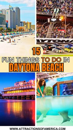 15 fun things to do in Daytona Beach with images of the beach, Daytona International Speedway, Daytona Beach Main Street Pier. Daytona Beach Boardwalk, Zipline Adventure, Beach Things, Flagler Beach, Beach Read, Daytona Beach Florida, Famous Beaches