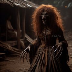 a woman dressed up as a demon with long hair and makeup, standing in front of a hut