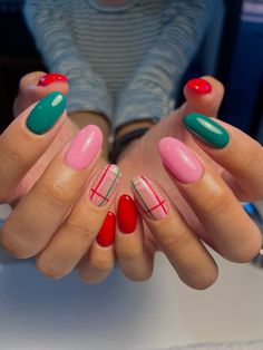 Christmas nail inspo plaid nails colorful Christmas nails almond nails natural nails Colorful Christmas Nails, Almond Nails Natural, Christmas Nails Almond, Christmas Nail Inspo, Nails Colorful, Nails Natural, Plaid Nails, Paws And Claws, Christmas Plaid