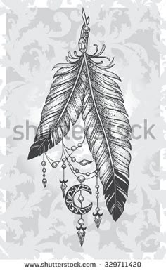 a drawing of a feather with beads hanging from it