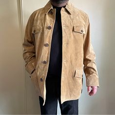 Express Genuine Leather Jacket Even Better In Person Size L 100% Genuine Leather Amazing Quality! Hardly Worn In Great Condition 4 Pockets In Front One Secret Pocket Inside Length 32” Pit To Pit 23” Fall Leather Utility Jacket With Long Sleeves, Leather Utility Jacket With Long Sleeves For Fall, Beige Single Breasted Leather Jacket, Beige Single-breasted Leather Jacket, Fall Leather Outerwear With Relaxed Fit, Classic Leather Outerwear With Relaxed Fit, Classic Beige Leather Jacket With Long Sleeves, Casual Leather Outerwear With Long Sleeves, Casual Leather Sport Coat With Pockets