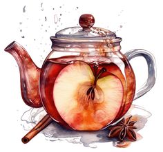 an apple in a glass teapot with cinnamon