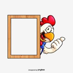 a cartoon chicken peeking out from behind a wooden frame