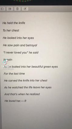 a computer screen with the text'he held the knife to her chest she looked into her eyes he saw pain and beravyl