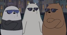 three cartoon bears wearing sunglasses and standing next to each other in front of a cityscape