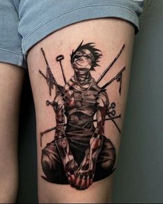 a woman's thigh with a tattoo of a ninja and swords on her leg