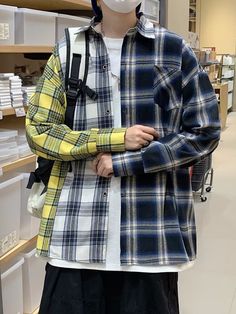 Multicolored Triple Plaid Pattern Shirt | Suga - BTS XXL Thigh Wrap, Kpop Shirts, Turtleneck Sweatshirt, Hooded Shirt, Black Plaid, Airport Style, Yellow Black, Bts Suga, Blue Lace