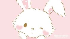 a drawing of a white bunny rabbit on a pink background with polka dots and hearts